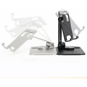 A rotatable phone holder in silver and black, featuring adjustable angles and a stable base.