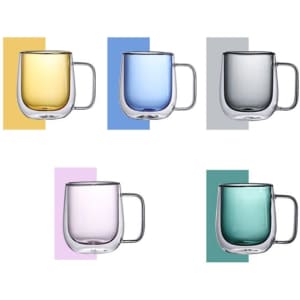 A set of coloured clear coffee mugs with handles in yellow, blue, grey, pink, and green, featuring a sleek design.