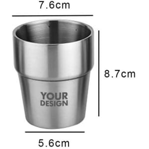 A stainless steel cup with a double wall design, featuring a stackable shape in silver. It includes a logo.
