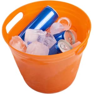 An orange plastic ice bucket filled with ice and blue and silver cans. It features dual handles for easy carrying.