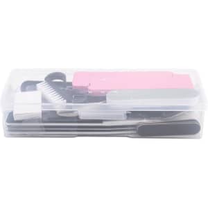 A transparent case containing a 23-piece professional pedicure tool set, featuring various stainless steel and plastic tools.