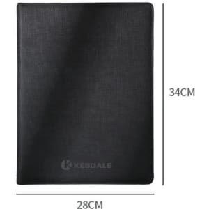 A black PU leather A4 portfolio with a calculator, featuring a logo at the bottom. Dimensions are 34cm by 28cm.