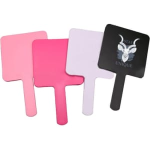A set of four square mirrors with handles in pink, purple, and black, featuring a logo on one mirror.