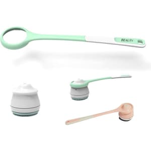 A multifunctional detachable electric bath brush in mint green and white, with interchangeable brush heads.