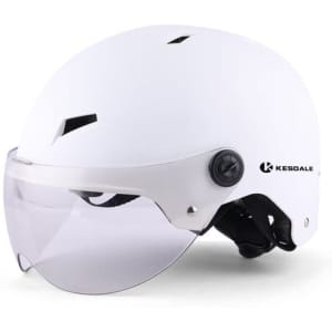 A white electric vehicle helmet with a clear visor and a logo on the side.