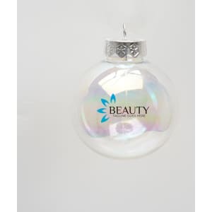 A clear iridescent plastic ball ornament with a silver top and a logo on the surface.