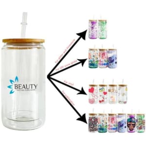 A drink bottle featuring a clear glass body, bamboo lid, and straw, accompanied by various decorated can designs.