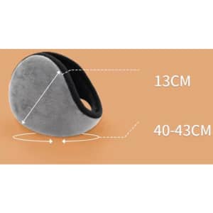 A pair of grey unisex winter earmuffs with a smooth texture and dimensions indicated.