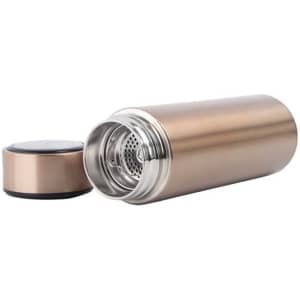 A drink bottle with a stainless steel body in copper colour, featuring a removable infuser and a black lid.