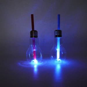 A drink bottle set featuring two light bulb-shaped cups with red and blue straws, illuminated with LED lights.
