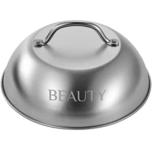 A stainless steel 9-inch round steaming basting cover with a metal handle and a logo.