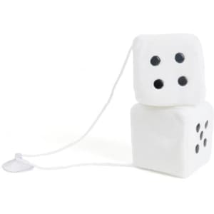 Two white fuzzy car dice with black spots, stacked on top of each other, attached by a cord.