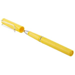 A yellow U-shaped metal gel pen with a silver clip and detailing. Features a smooth writing tip.