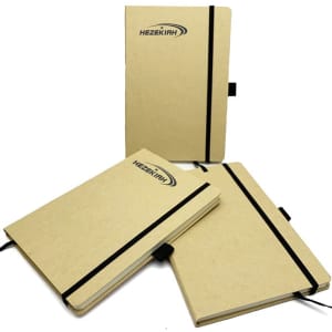 A5 kraft paper notebooks with elastic bands and logos, featuring a natural brown colour and a minimalist design.