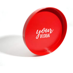 A round, bright red plastic non-slip tray with a customisable design space and a glossy finish.