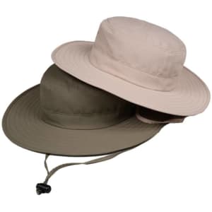 A wide-brim boonie hat with a string, available in beige and olive green. Features a branding logo.