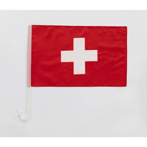 A custom car flag featuring a red background with a white cross and a mounting clip.