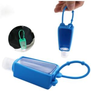 A silicone hand sanitizer bottle holder in blue, featuring a transparent compartment and a loop for easy attachment.