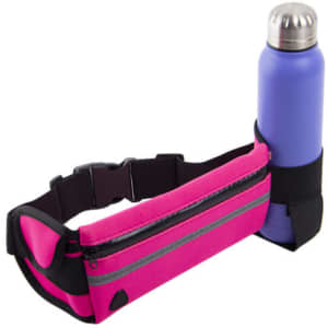 A pink waterproof running waist bag with a black adjustable strap and a purple drink bottle secured in place.