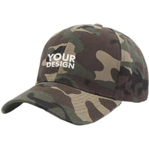 A camouflage baseball cap featuring a curved brim and an adjustable strap. Includes a logo on the front.