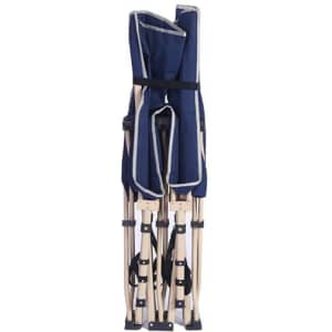 A navy Oxford cloth folding bed with a wooden frame, featuring a secure strap for easy transport.