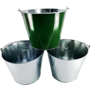 Three ice buckets stacked together: one green and two silver, with a metallic finish and handles.