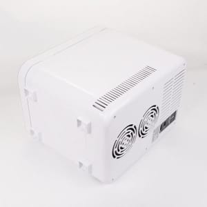 A white portable mini car fridge featuring dual fans and a compact design, ideal for transporting beverages.