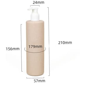 A wheat straw cosmetic pump bottle in a light brown hue, featuring measurements and a pump top, with a logo.