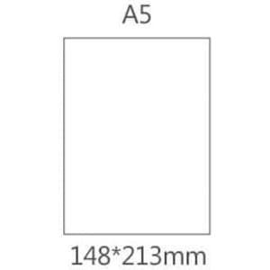A5 transparent cover spiral notebook with blank pages, measuring 148 x 213 mm. Features a simplistic design.