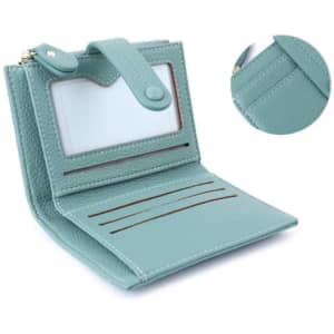 A multi-card wallet in a soft teal colour, featuring multiple card slots and a transparent ID window.