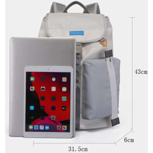 A lightweight grey drawstring backpack with a tablet and a silver laptop beside it, featuring a logo on the front.