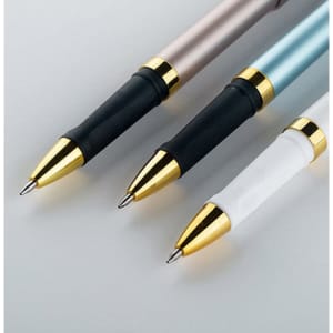 A set of three pens in black, silver, and blue with gold accents, featuring a branded logo.