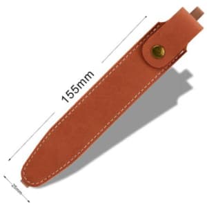 A PVC leather pen holder in tan colour with a button closure and stitching detail. Dimensions are 155mm by 25mm.