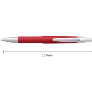 A red plastic ballpoint pen with a silver clip, measuring 137mm in length and featuring a branding logo.