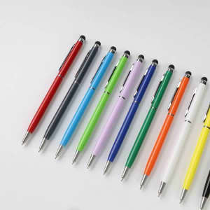 A selection of ballpoint pens with stylus tips in red, grey, green, purple, blue, orange, black, white, and teal.
