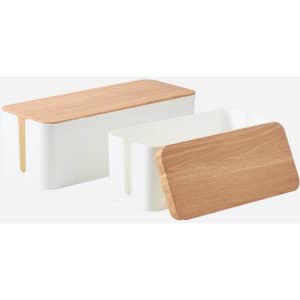 A cable storage box with a white body and a wooden lid, featuring two sizes. One box is open and the other is closed.