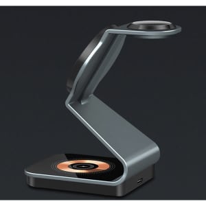 A sleek silver 3 in 1 magnetic wireless charging stand with a modern design and a black charging surface.