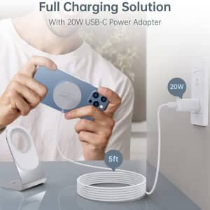 A magnetic wireless charger stand in white, featuring a USB-C power adapter and a mobile device being charged.