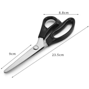 Stainless steel pinking shears with black handles, measuring 23.5 cm in length. Features a brand logo.