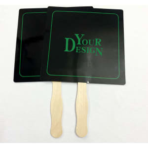 A set of two black hand fans with wooden handles, featuring green text areas for custom designs.