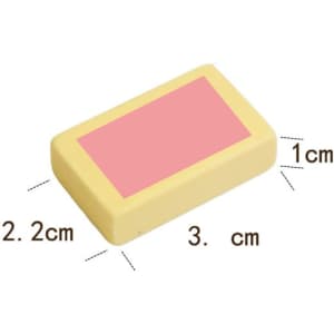 A rectangular pencil eraser in yellow with a pink top, measuring 3 cm by 2.2 cm by 1 cm, featuring a logo.
