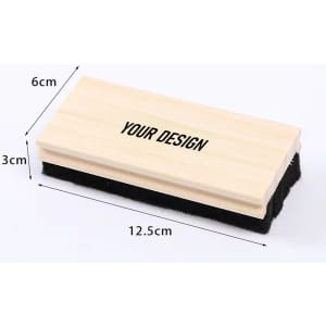 A wooden chalkboard eraser with a light wood finish and a black felt bottom, measuring 12.5 cm by 6 cm by 3 cm.