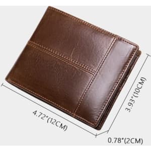 A genuine leather bifold wallet in a rich brown colour, featuring multiple compartments and a logo.