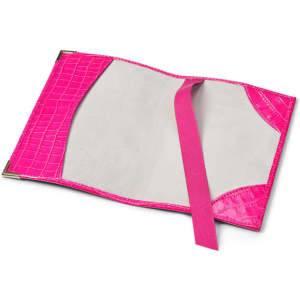 A pink PU leather passport cover with a textured finish and an elastic strap inside. It features a logo.