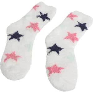 Warm fuzzy socks in white with pink and navy star patterns. Soft texture and a snug fit. Features branding.