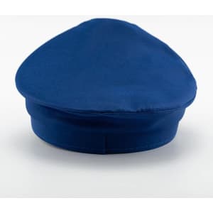 A blue airline pilot hat with a round top, featuring a simple design and a band around the base.