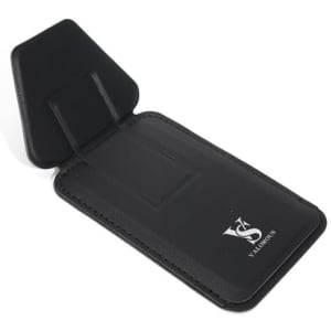 A black adhesive phone credit card holder with a triangular flap and a logo.