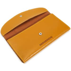 A yellow genuine leather wallet featuring a snap closure and an interior lining in a contrasting colour. It has a logo.