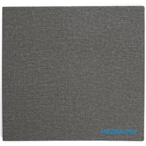 A grey laptop stand with an attached mouse pad, featuring a logo in the corner.