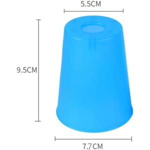 A blue plastic speed stacking cup with measurements displayed, featuring a simple design and a logo on the side.